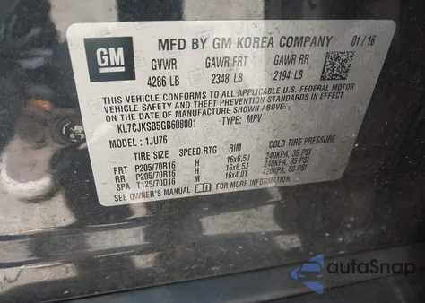 2016 Chevrolet Trax 1Ls z USA, uszkodzony, nr VIN KL7CJKSB5GB608001